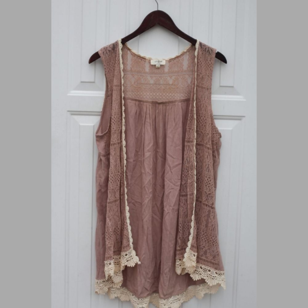 🌼Umgee taupe lace sleeveless kimono